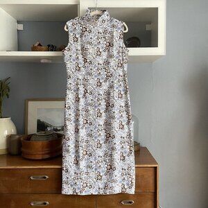Momo Tobo Floral Print Cheongsam Asian Midi Dress Linen Cotton